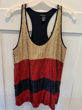 DKNY Jeans Sequin Tank Top M Red Gold Black Racerback Party Top